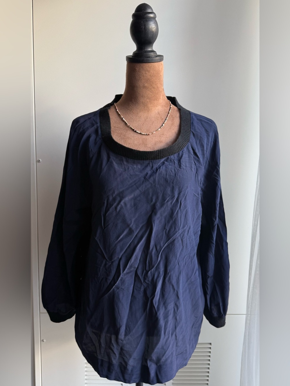 J. Crew Navy Short Sleeve Top with Black Ribbed Crew Neck